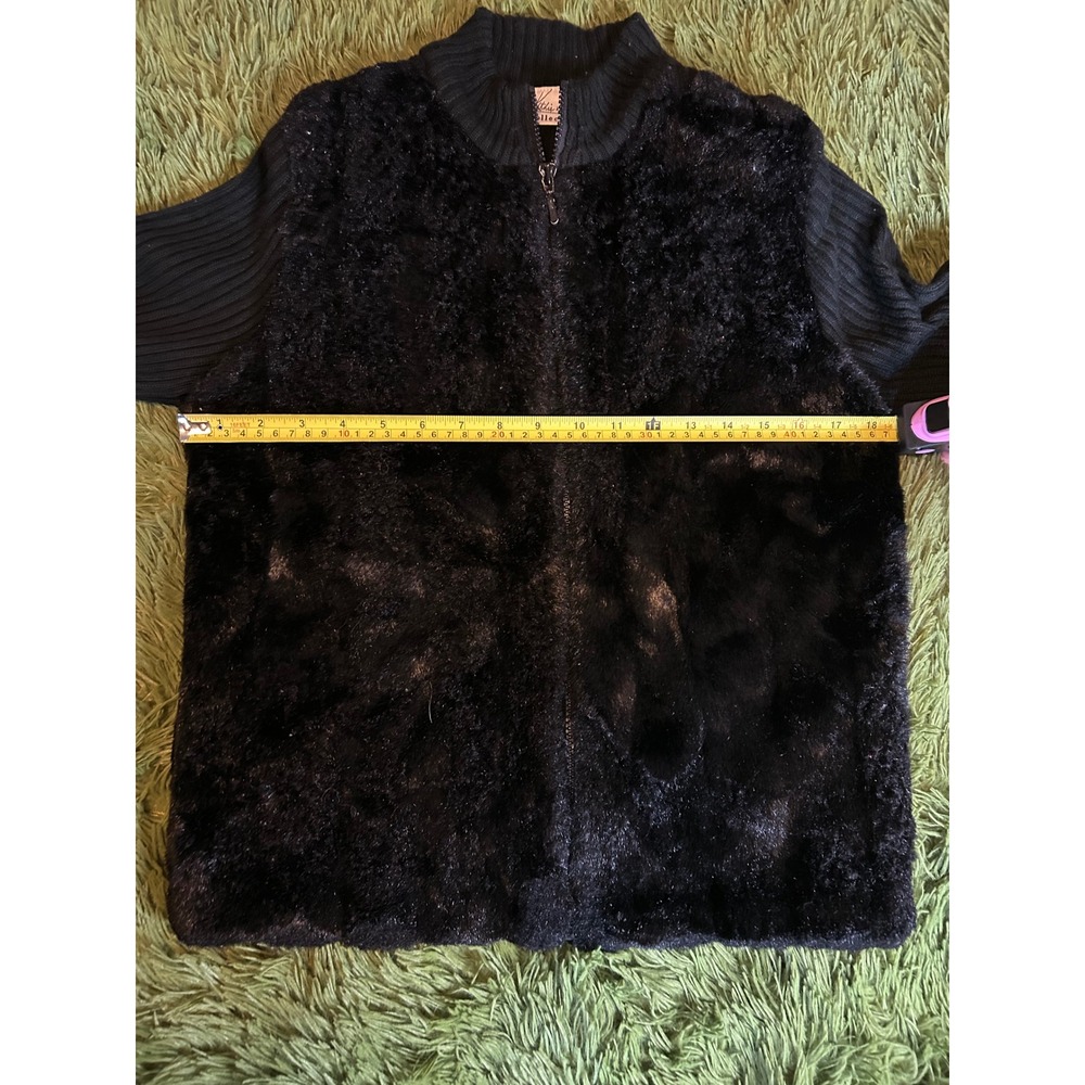 Kathie Lee Cardigan Women Medium Black Faux Fur Front Zip Ribbed Jacket Vintage - Picture 3 of 8